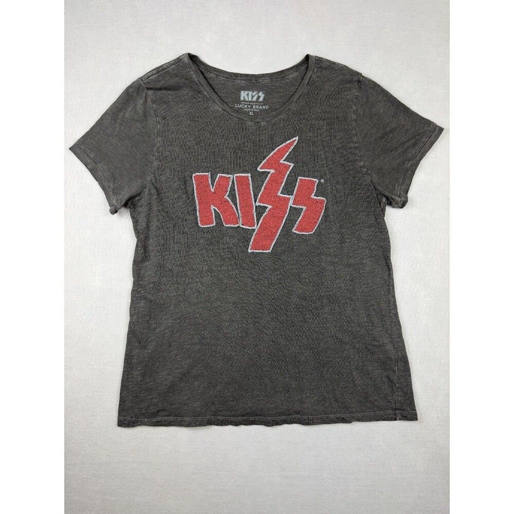 Kiss by Lucky Brand Gray Beaded Graphic Tee Women's XL Short Sleeve